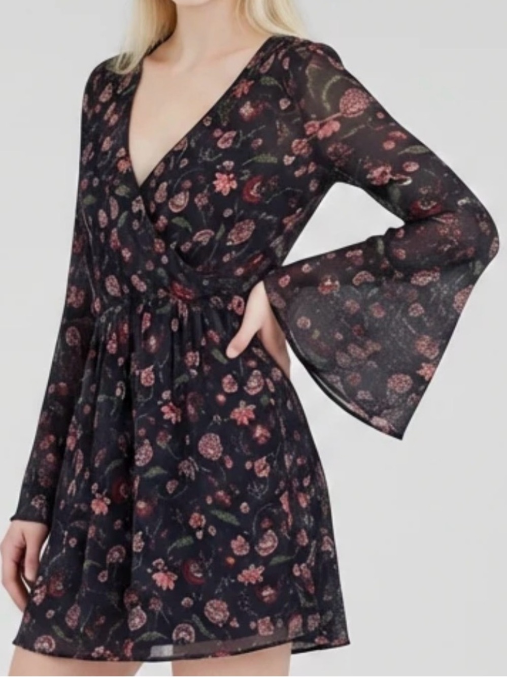 Dark Floral Ruffle Bell Sleeve Dress XS Like New Navy Blue Red Green Botanical